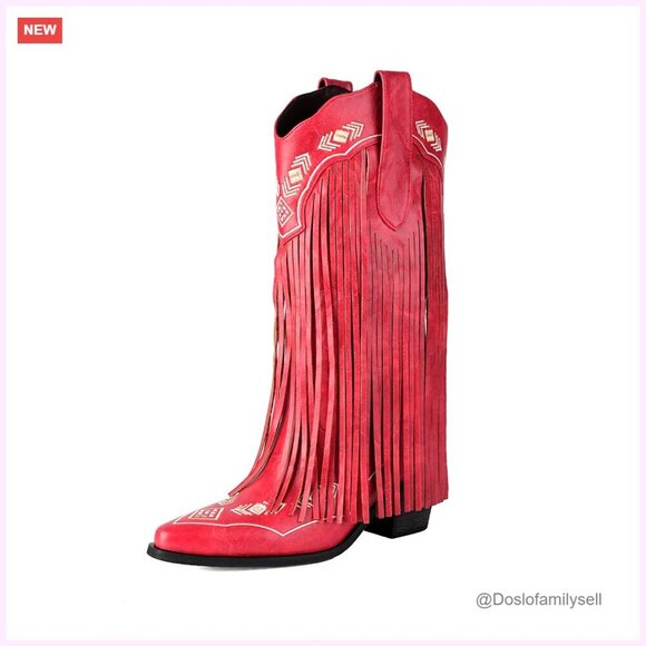 Shoes - Embroidered Fringe Cowboy Boots, Pull On Mid Calf Chunky Heel Pointed Toe